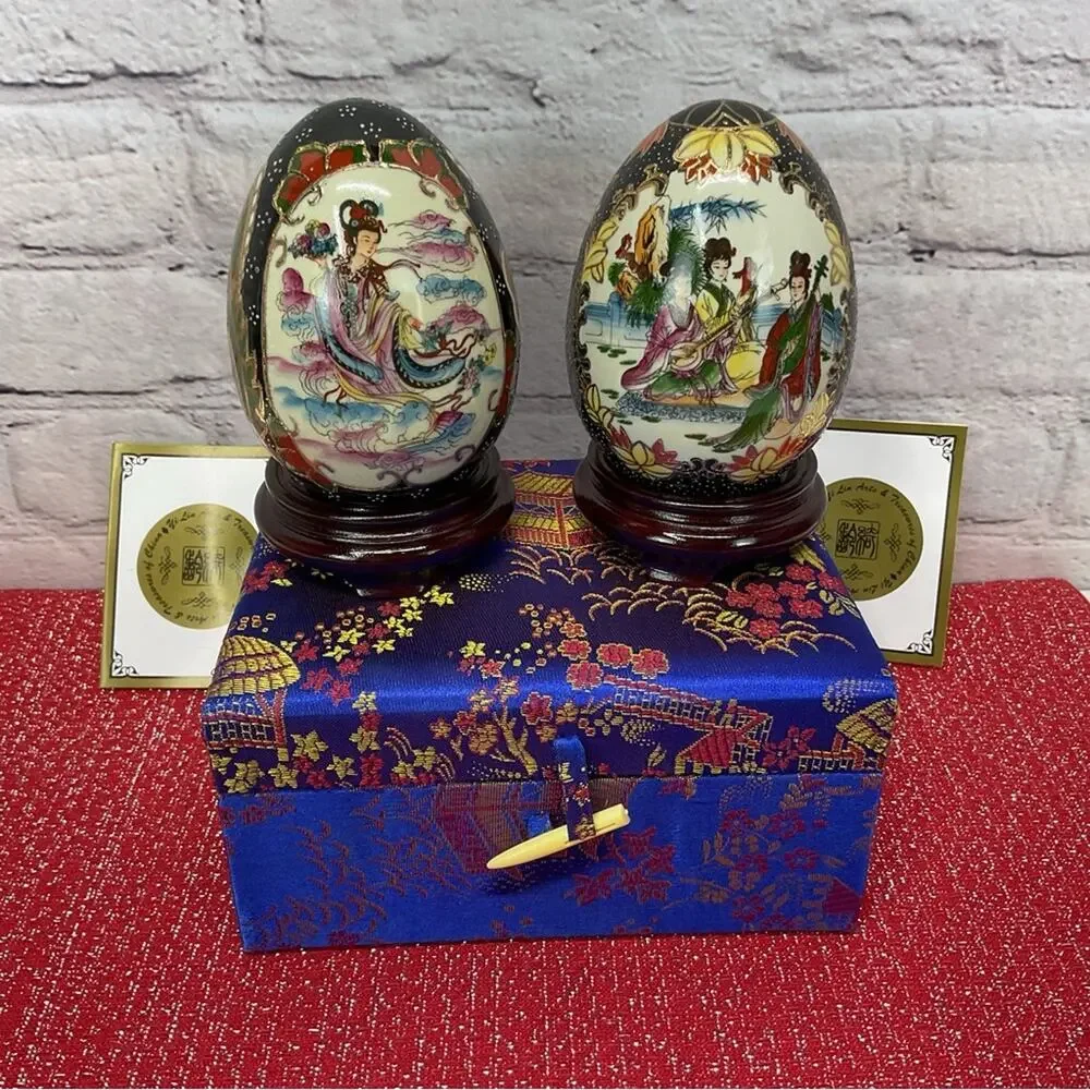 Yi Lin Arts & Treasures Porcelain Hand Painted Eggs Wooden Stands & Silk Box